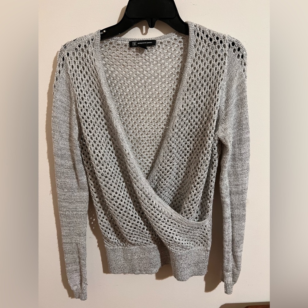 INC International Concepts gray crochet sweater with sequins sparkles throughout